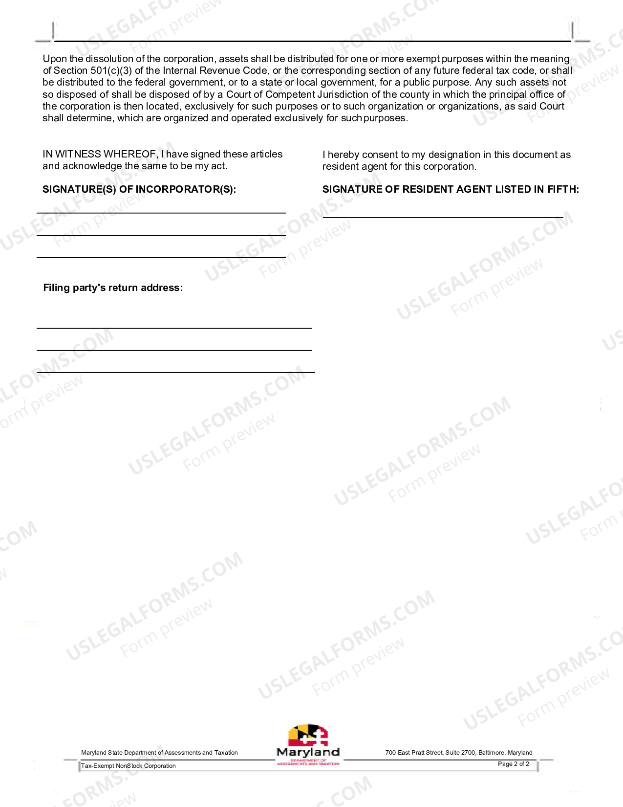 Montgomery Maryland Articles of Incorporation for Domestic Nonprofit