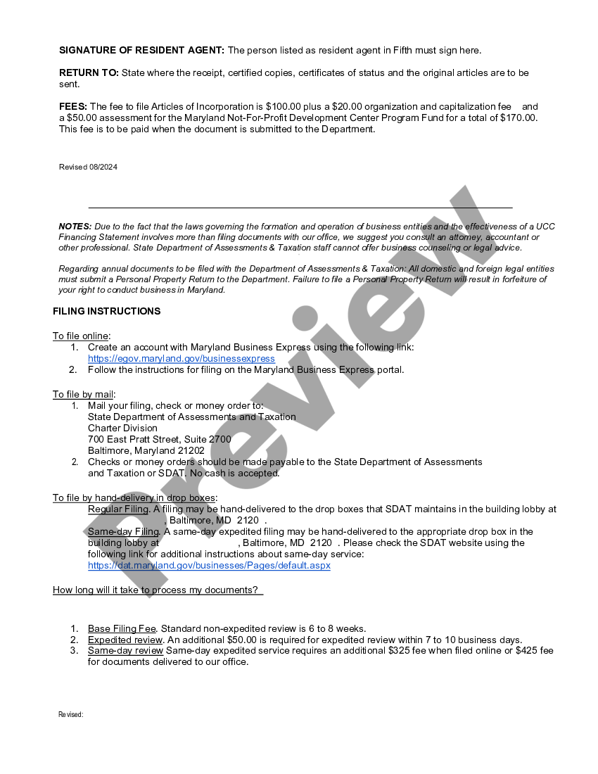 Montgomery Maryland Articles of Incorporation for Domestic Nonprofit