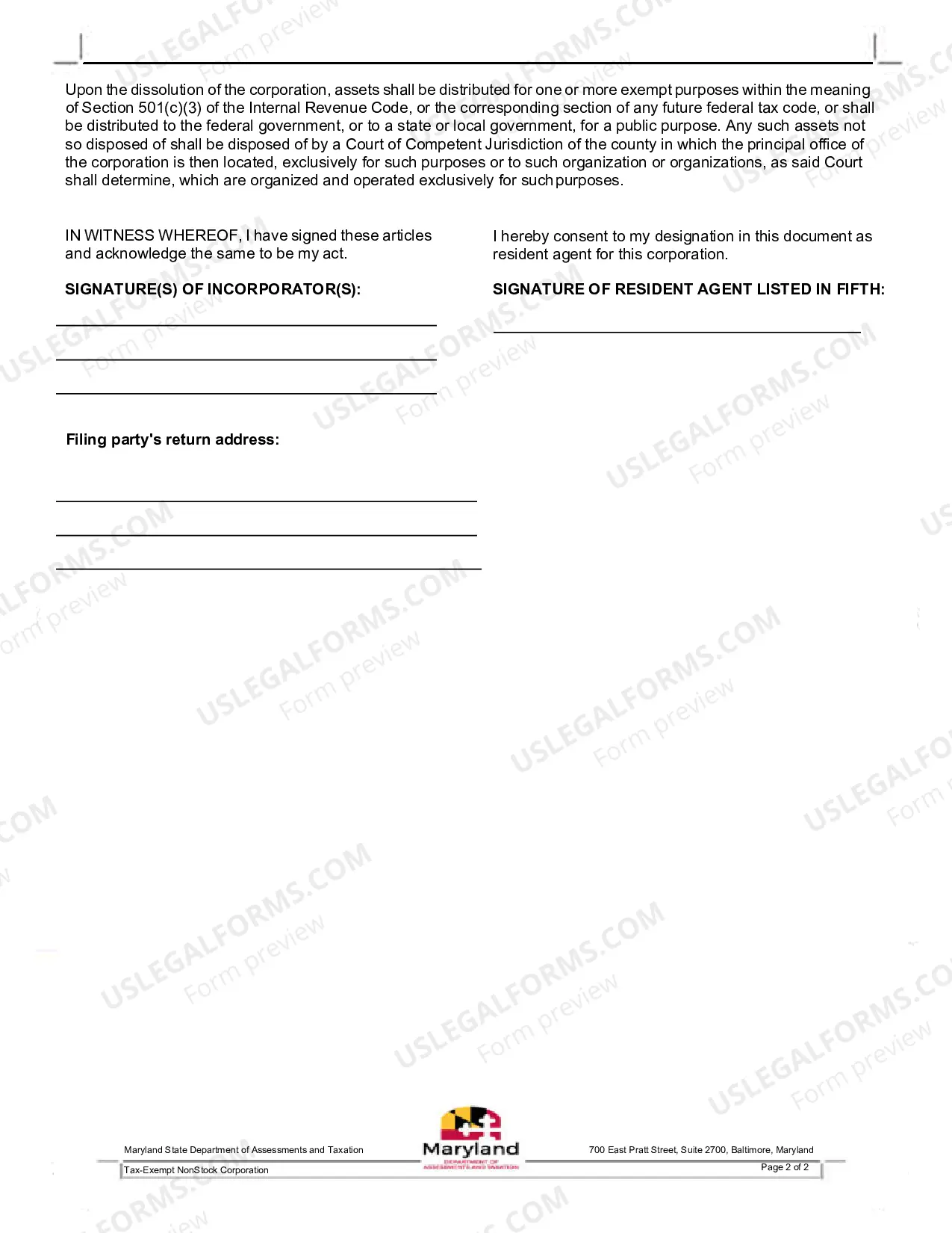 Preview Maryland Articles of Incorporation for Domestic Nonprofit Nonstock Corporation