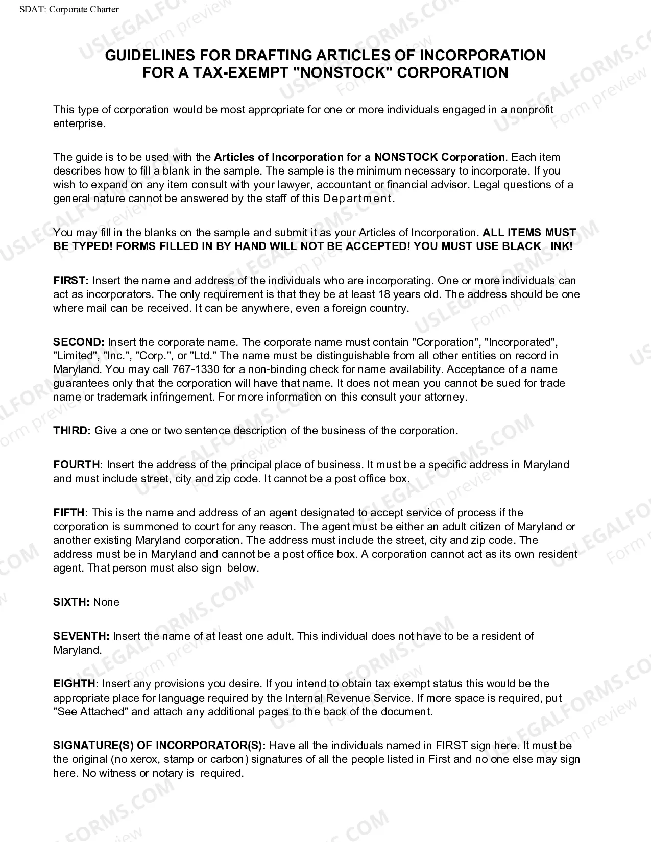 Preview Maryland Articles of Incorporation for Domestic Nonprofit Nonstock Corporation