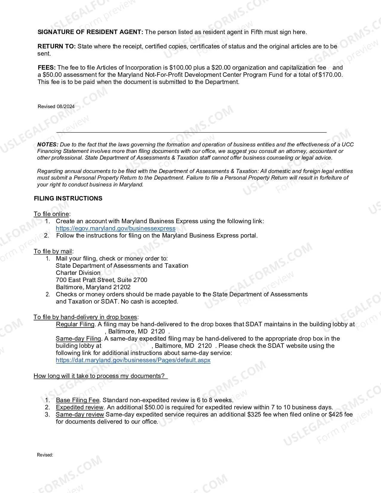 Preview Maryland Articles of Incorporation for Domestic Nonprofit Nonstock Corporation