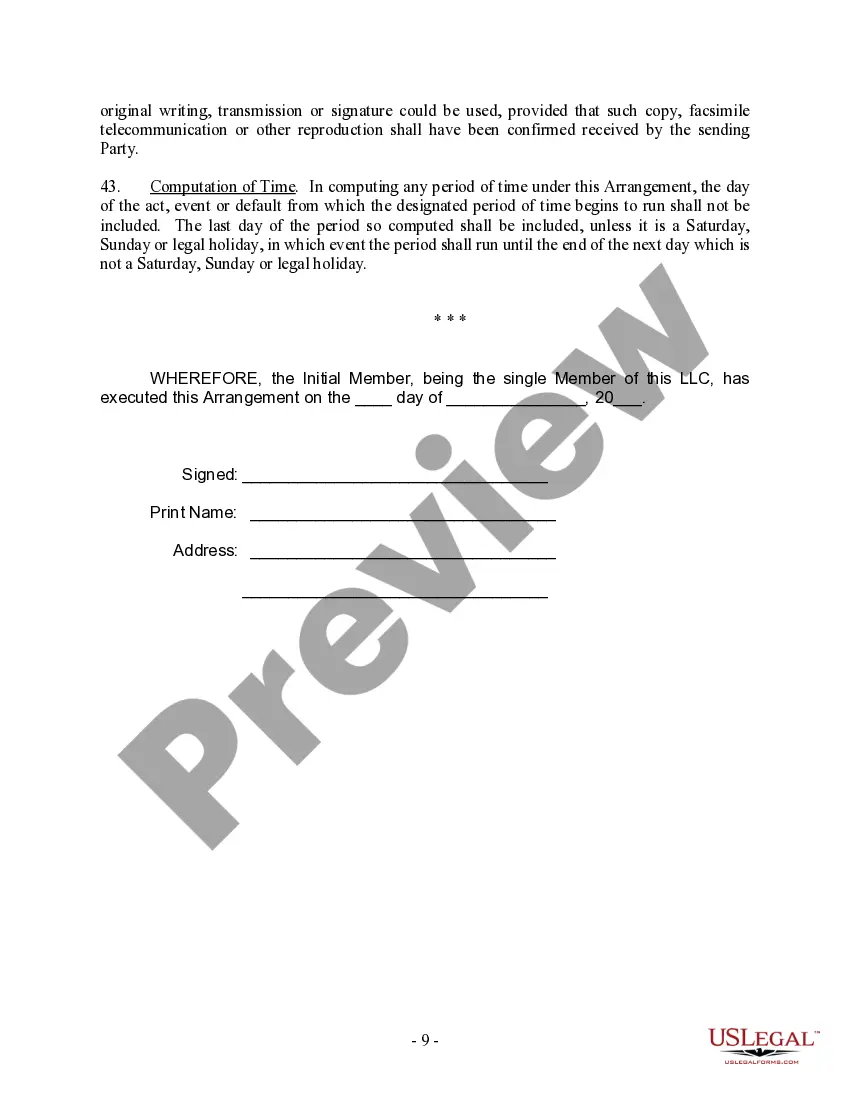 Preview Single Member Limited Liability Company LLC Operating Agreement
