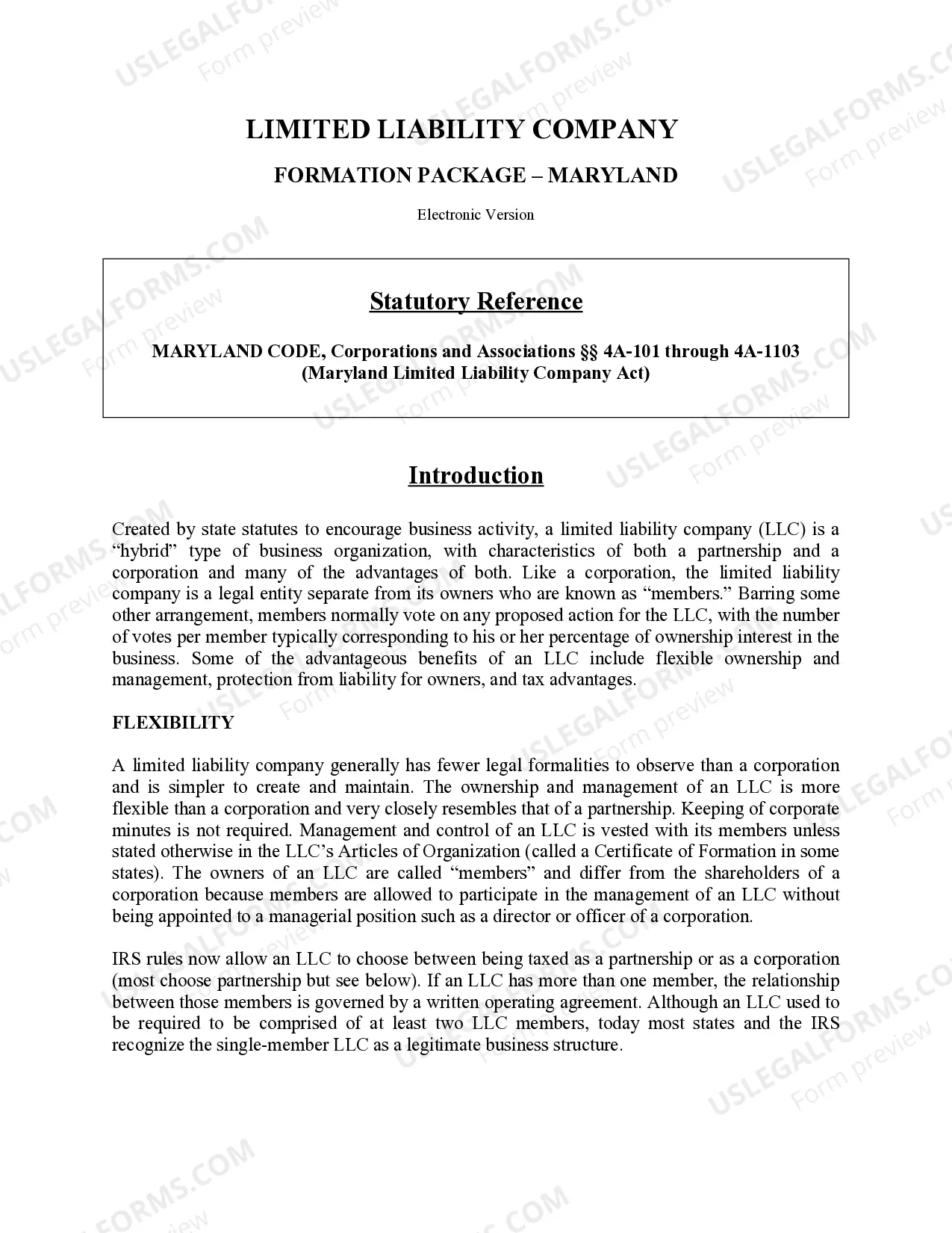 Preview Maryland Limited Liability Company LLC Formation Package