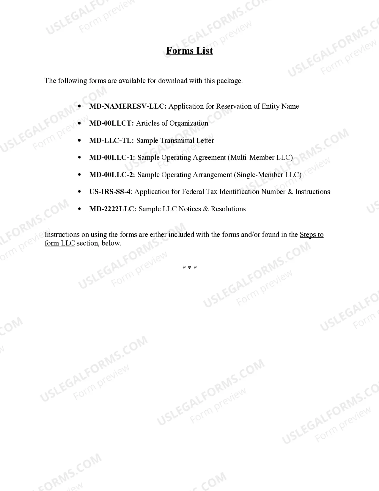 Preview Maryland Limited Liability Company LLC Formation Package