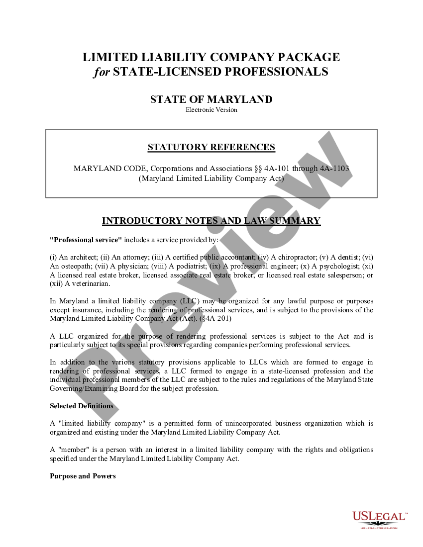 page 1 Maryland Professional Limited Liability Company PLLC Formation Package preview