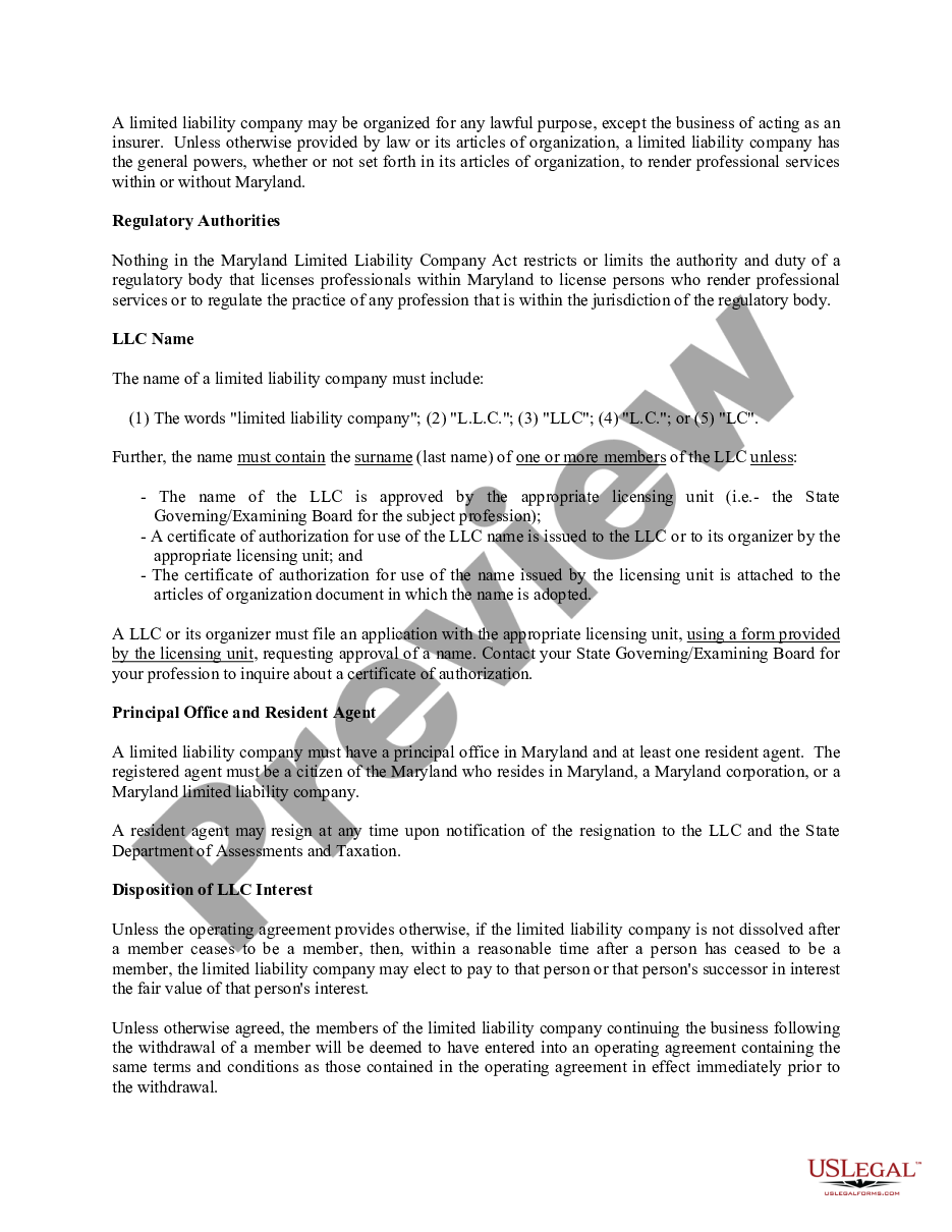 page 2 Maryland Professional Limited Liability Company PLLC Formation Package preview