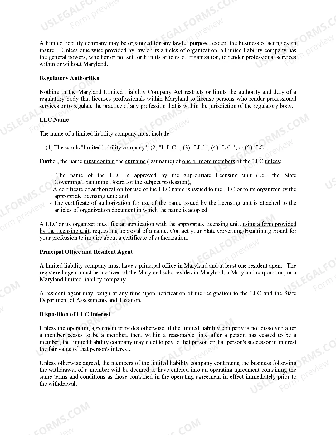 Preview Maryland Professional Limited Liability Company PLLC Formation Package