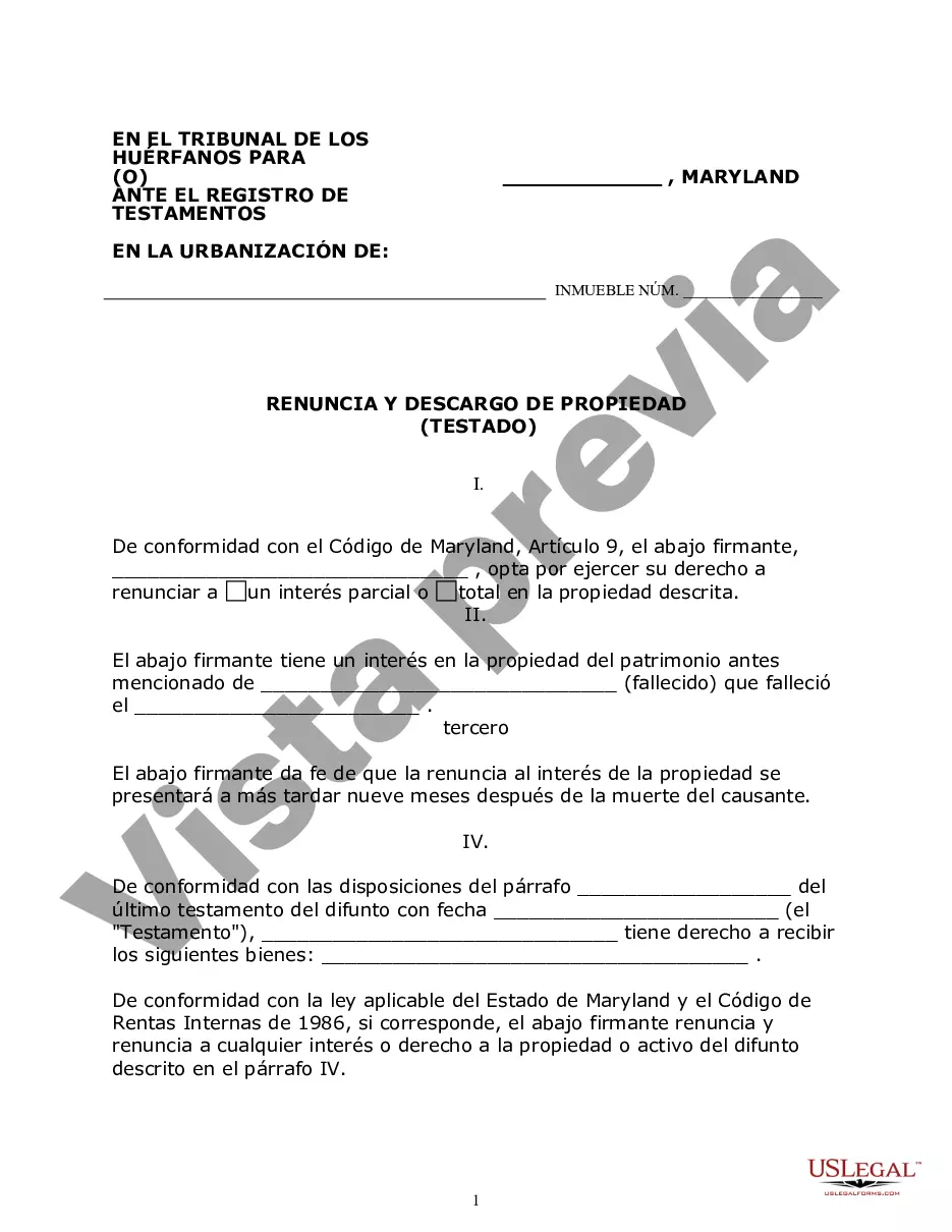 Preview Maryland Renuncia y descargo de responsabilidad de la propiedad del testamento por testamento