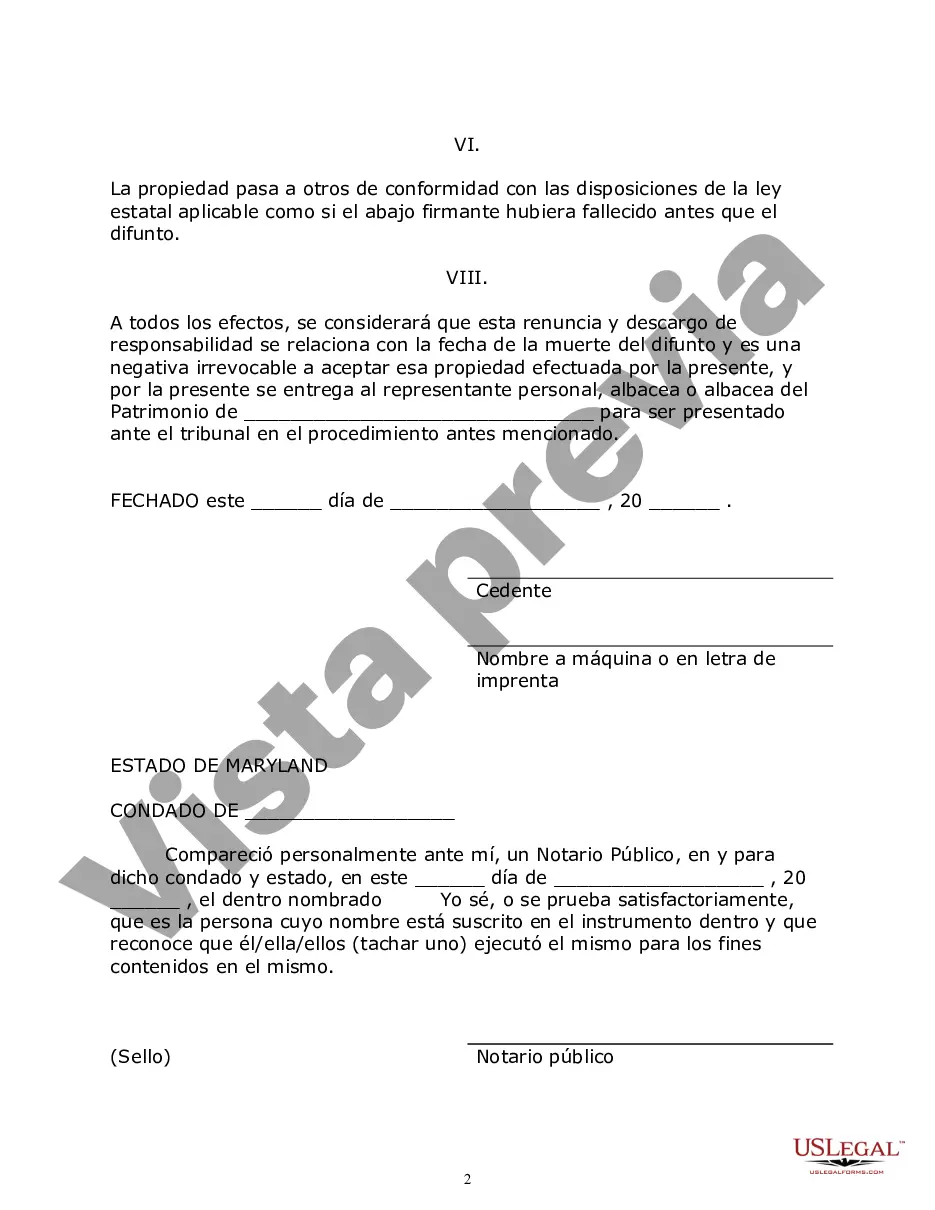 Preview Maryland Renuncia y descargo de responsabilidad de la propiedad del testamento por testamento