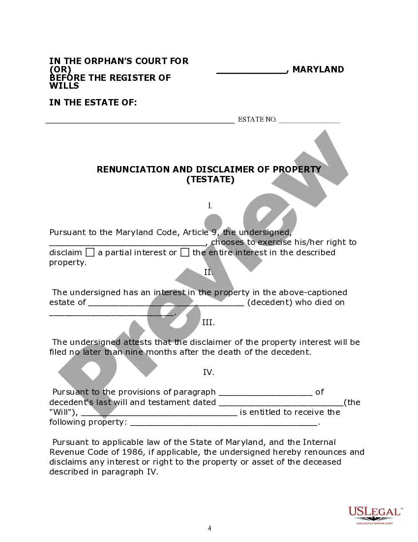 Preview Maryland Renunciation and Disclaimer of Property from Will by Testate