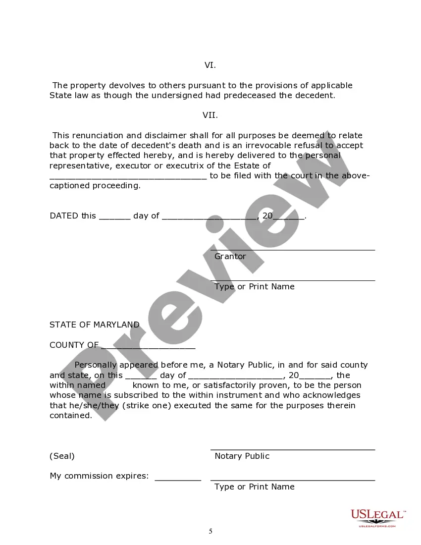 Preview Maryland Renunciation and Disclaimer of Property from Will by Testate