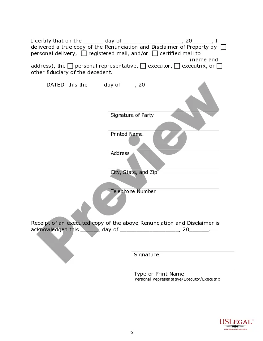 Preview Maryland Renunciation and Disclaimer of Property from Will by Testate