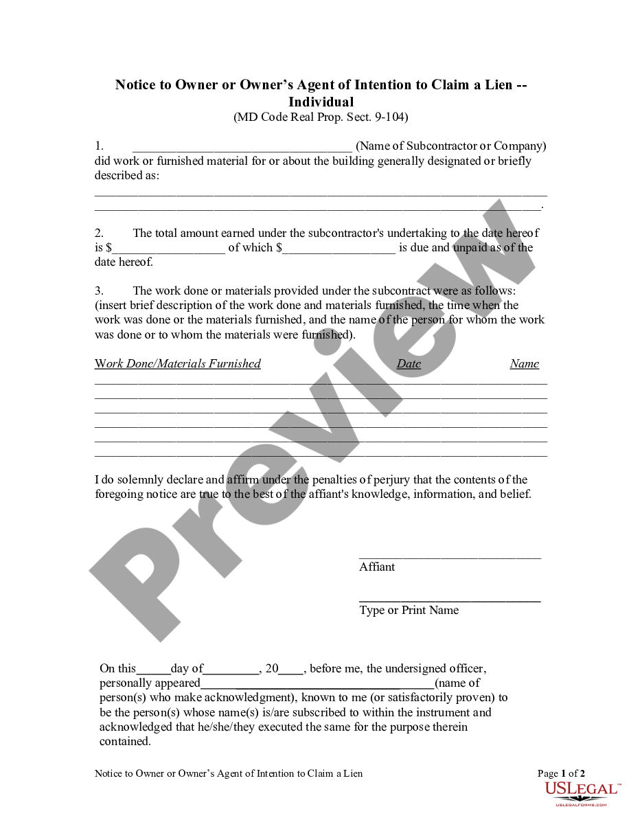 page 0 Notice to Owner or Owner's Agent of Intention to Claim a Lien by Individual preview