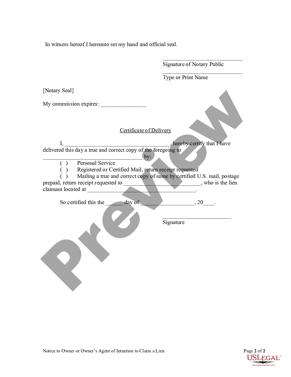page 1 Notice to Owner or Owner's Agent of Intention to Claim a Lien by Individual preview