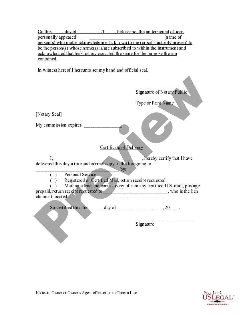 Preview Notice to Owner or Owner's Agent of Intention to Claim a Lien by Individual