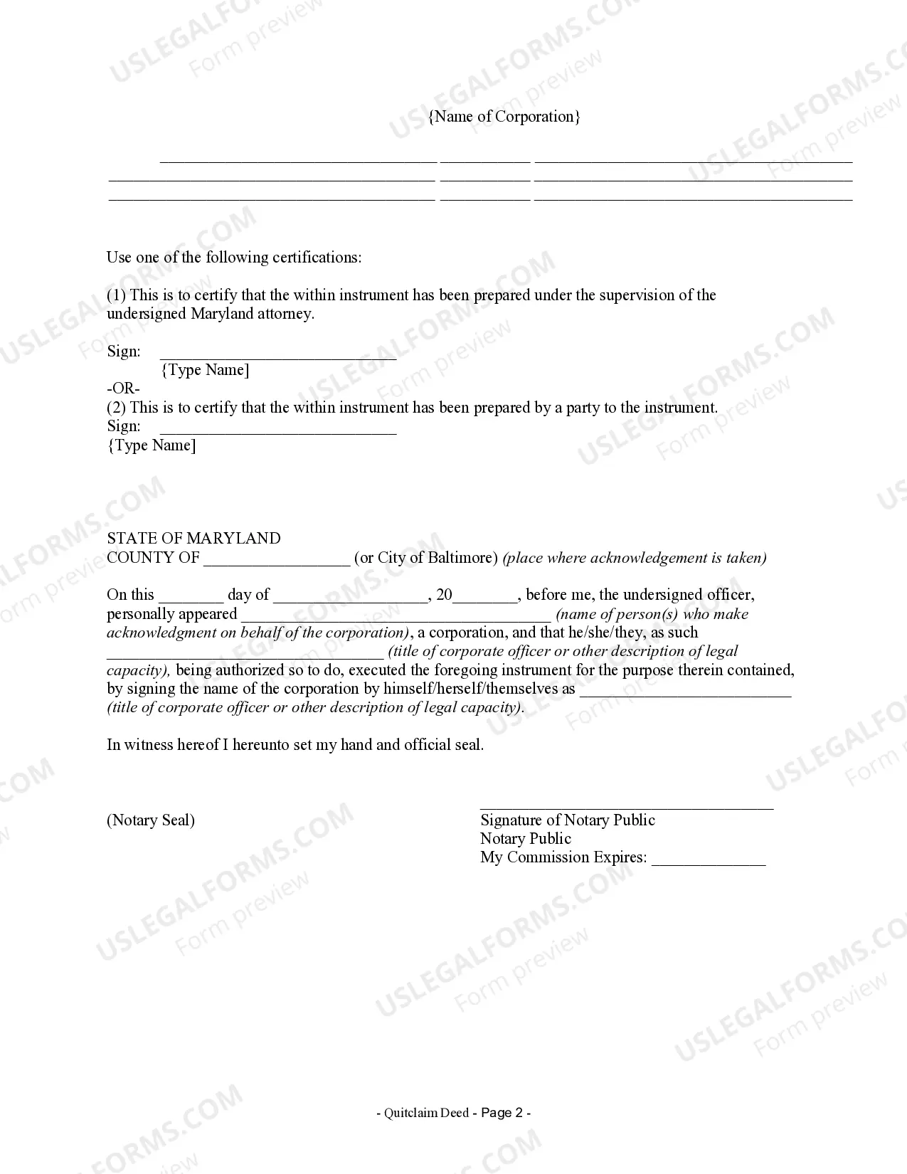 Preview Quitclaim Deed from Corporation to LLC