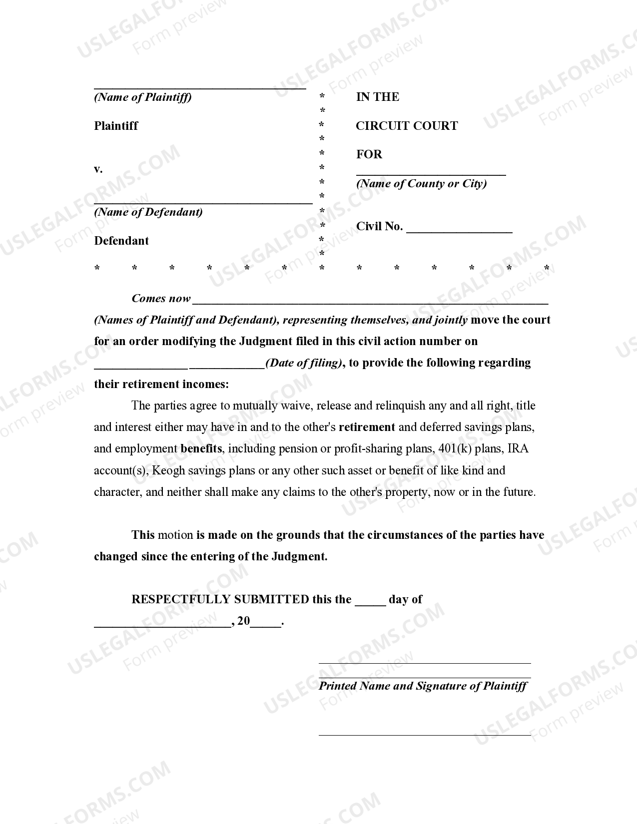 Maryland Joint Motion for Order Changing Divorce Judgment Regarding Retirement to Provide