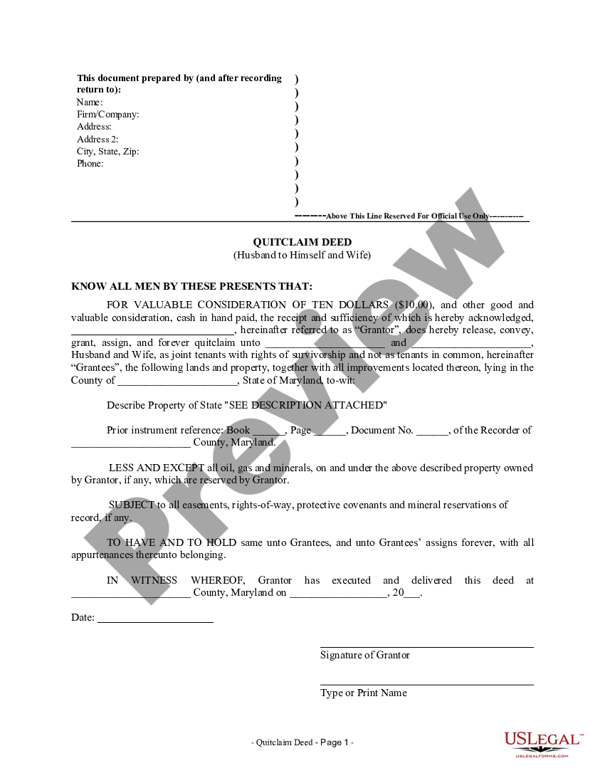 Maryland Quitclaim Deed from Husband to Himself and Wife - Quitclaim ...