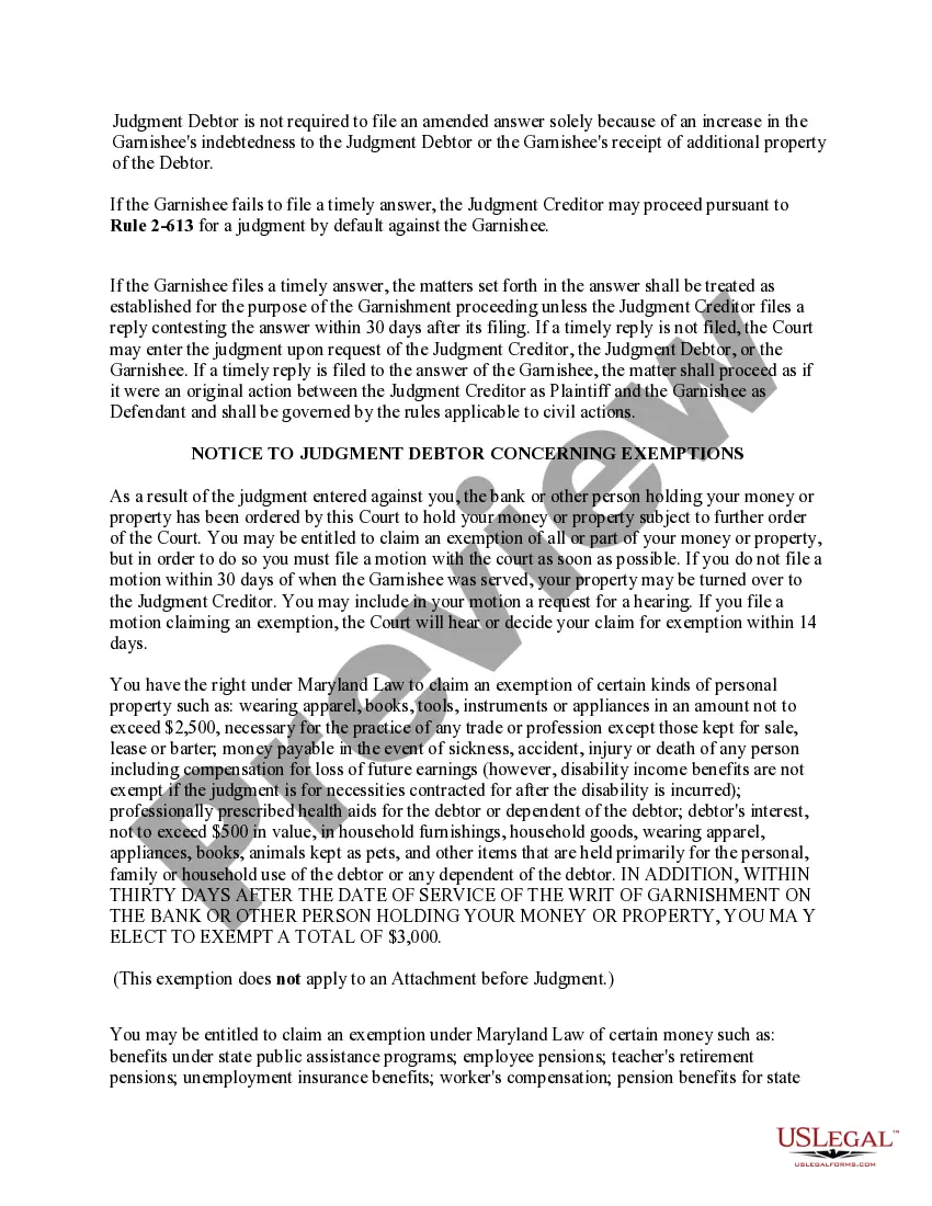 Maryland Request for Garnishment of Property Other than Wages 