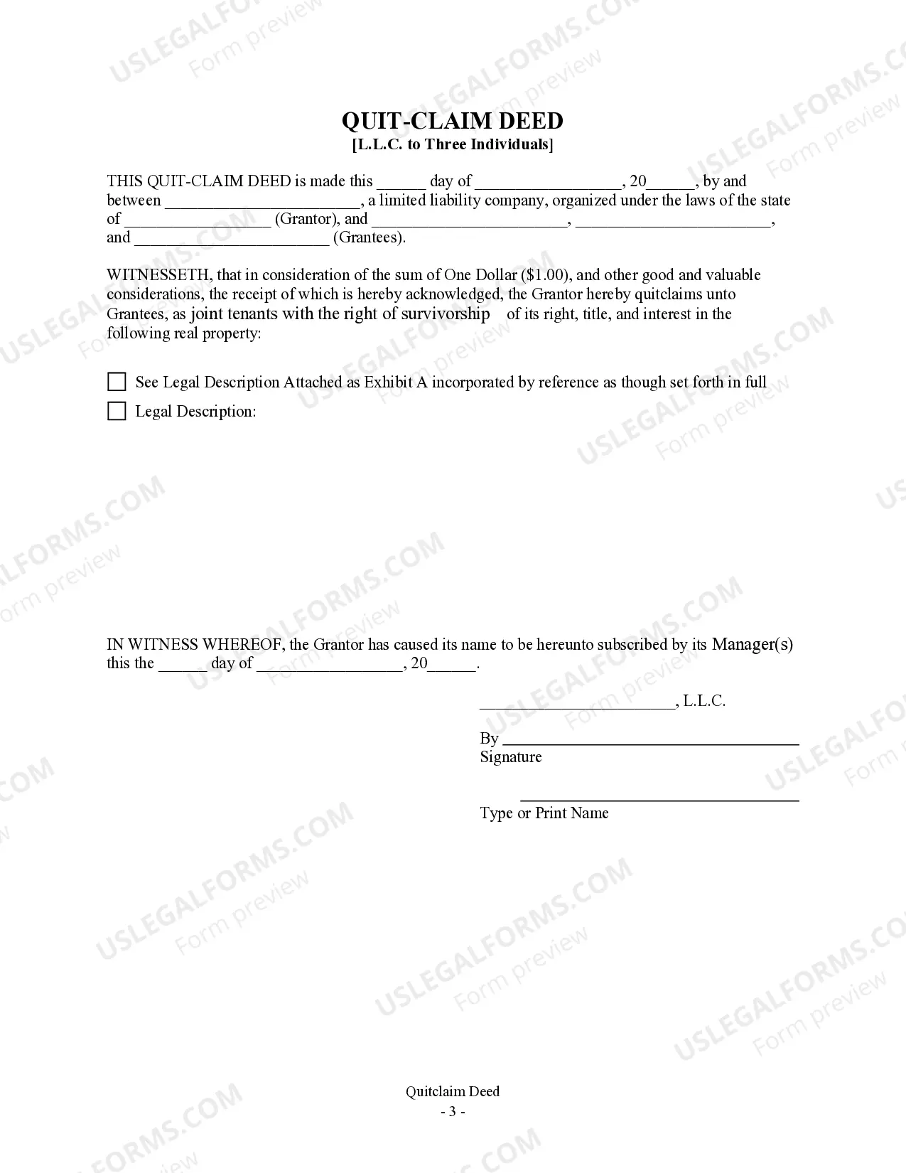 Preview Quitclaim Deed - Limited Liability Company to Three Individuals