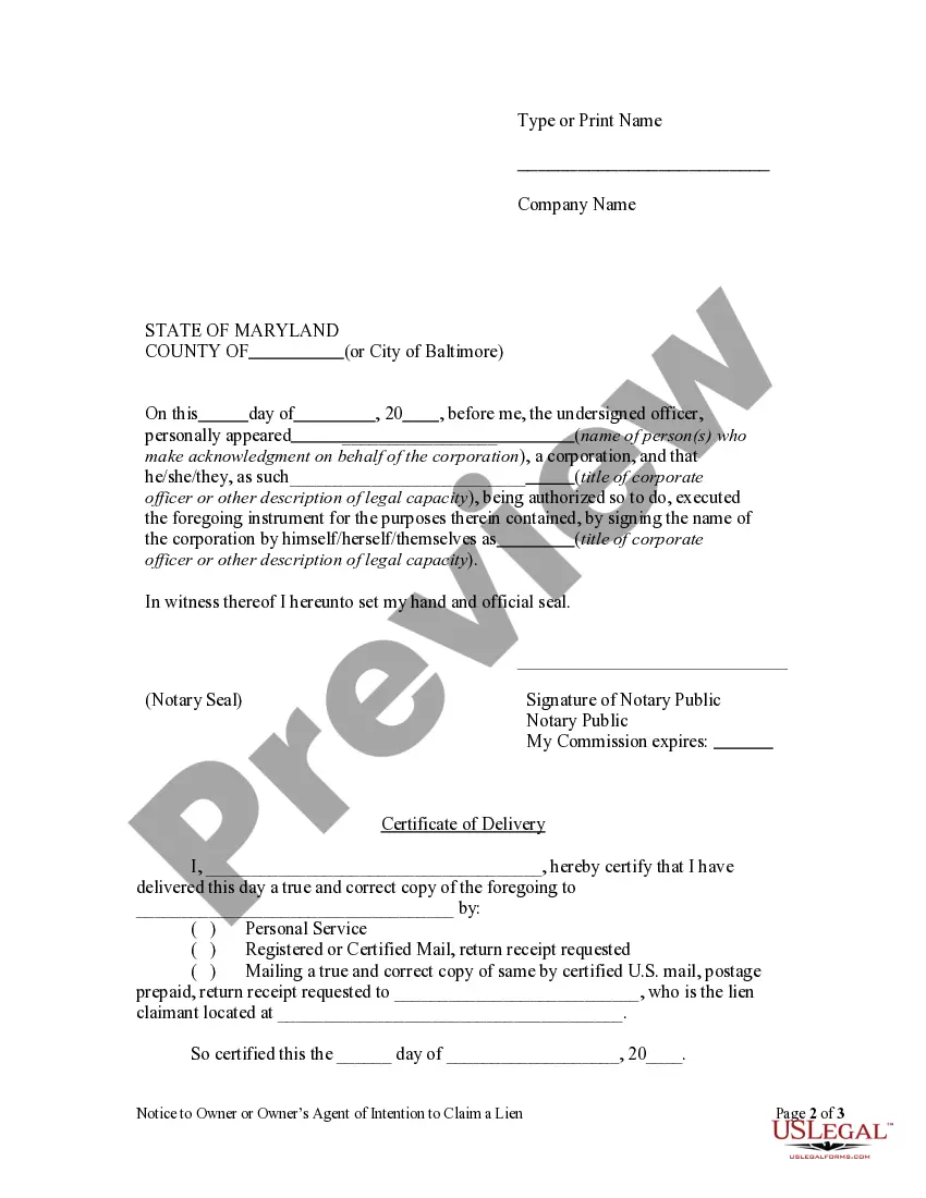 Get Notice to Owner or Owner's Agent of Intention to Claim a Lien by Corporation or LLC Preview Notice to Owner or Owner's Agent of Intention to Claim a Lien by Corporation or LLC