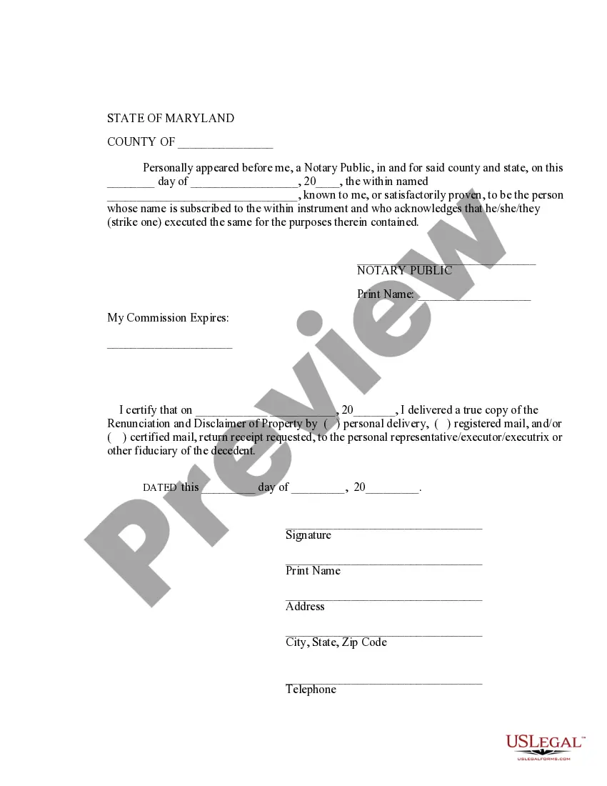 Preview Maryland Renunciation and Disclaimer of Joint Tenant or Tenancy Interest