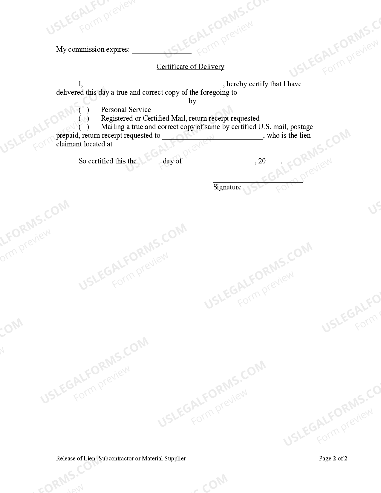 Maryland Release of Lien Subcontractor or Material Supplier