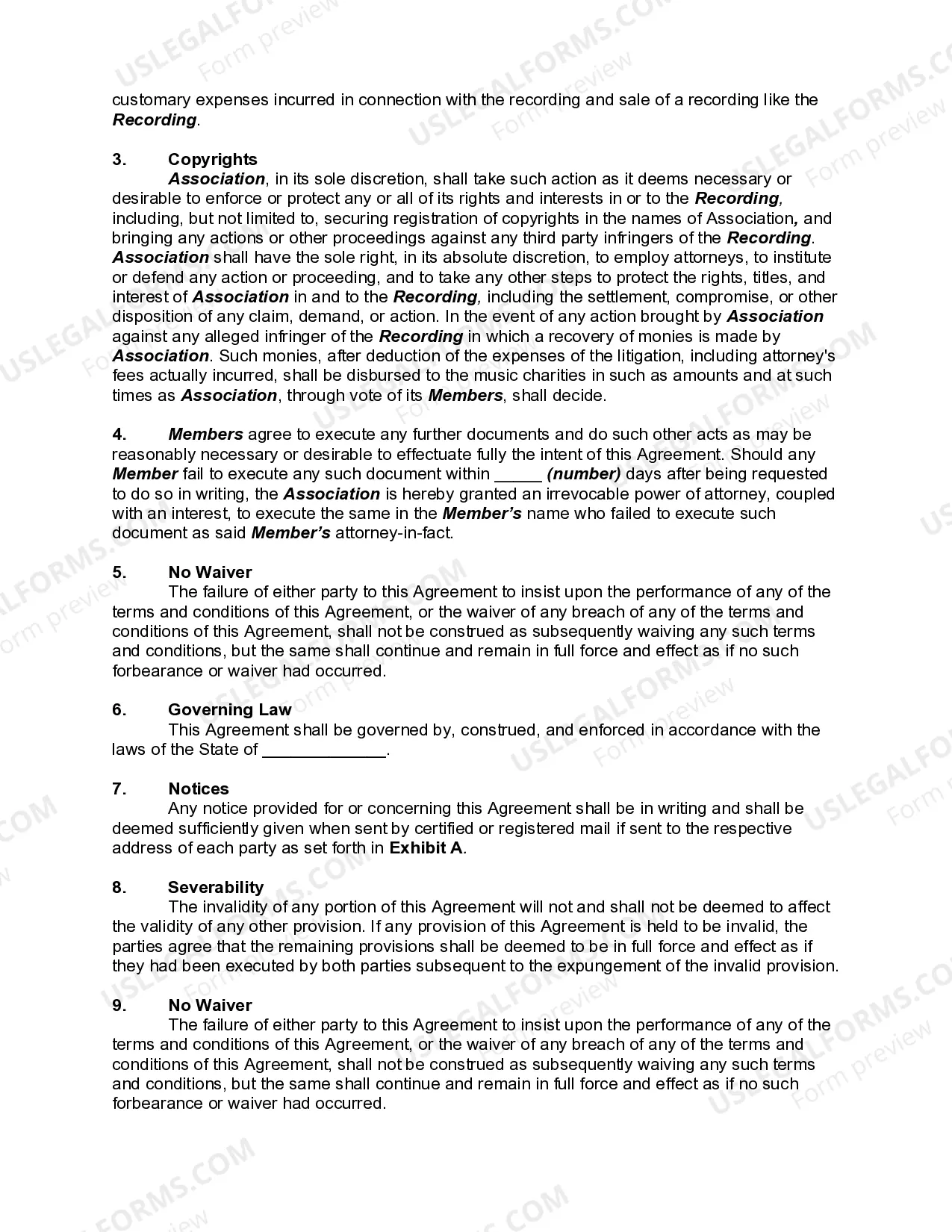 Preview Agreement Between a Maryland not for profit Organization and its Members to Produce Compilation Recording with Profits to go to Charities