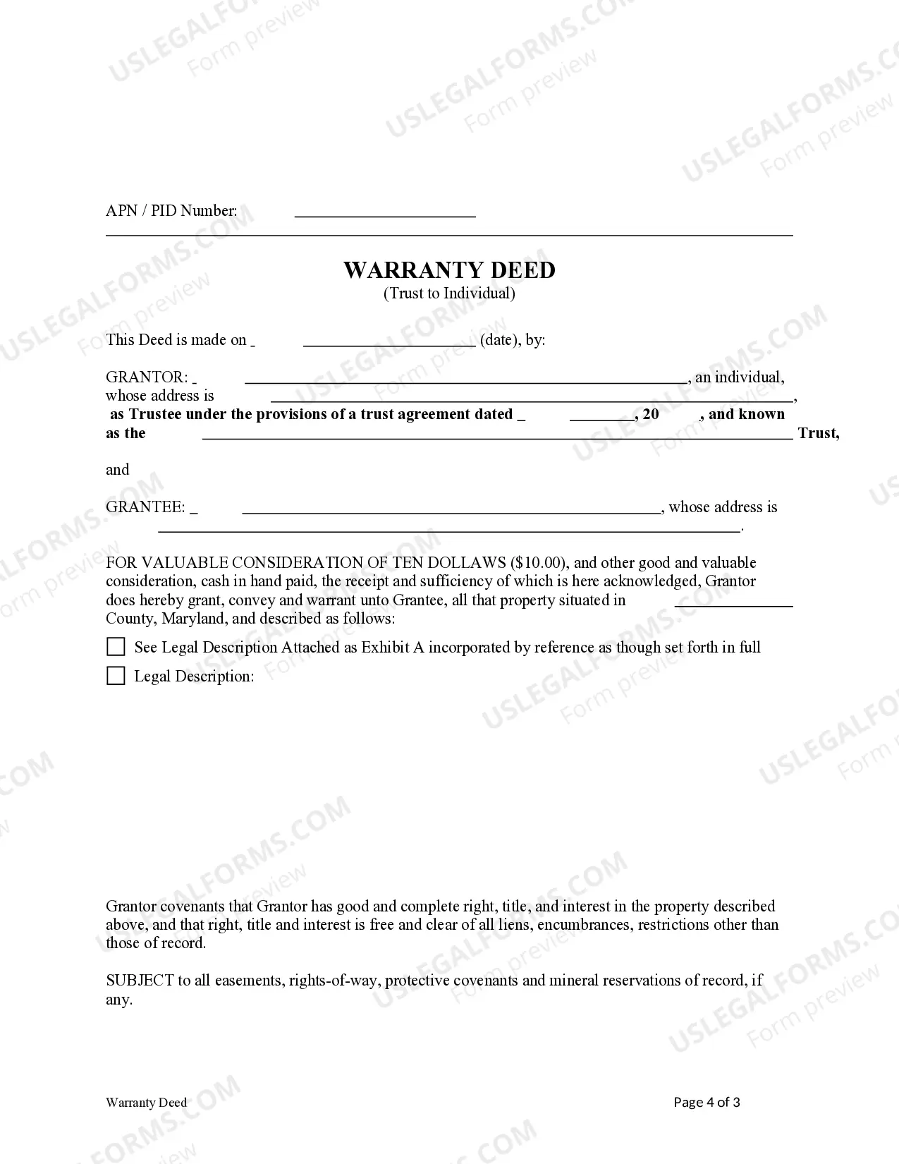 Preview Warranty Deed from Trust to an Individual
