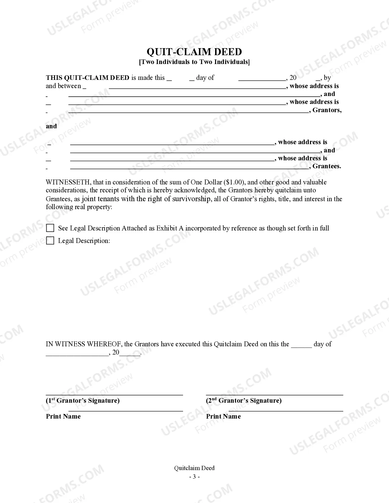 Preview Quitclaim Deed - Two Individuals to Two Individuals as Joint Tenants with the Right of Survivorship