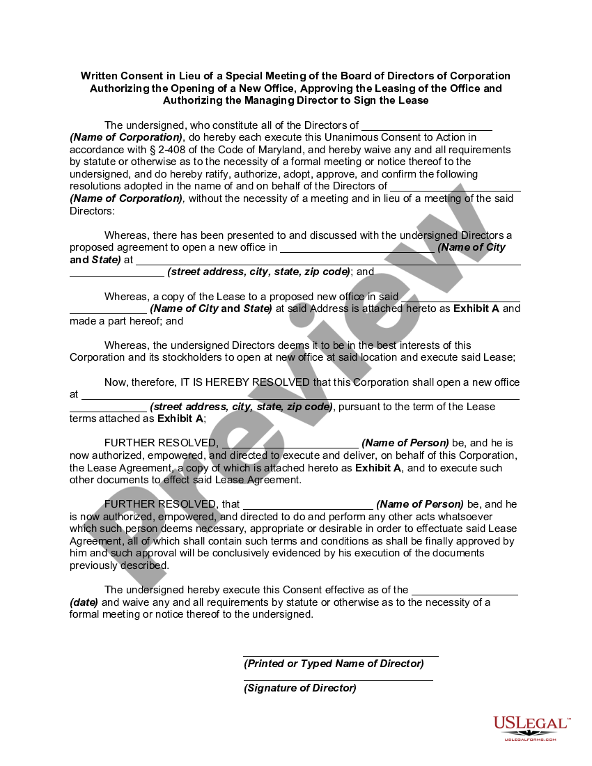 Maryland Written Consent In Lieu Of A Special Meeting Of The Board Of Directors Of Corporation 5795