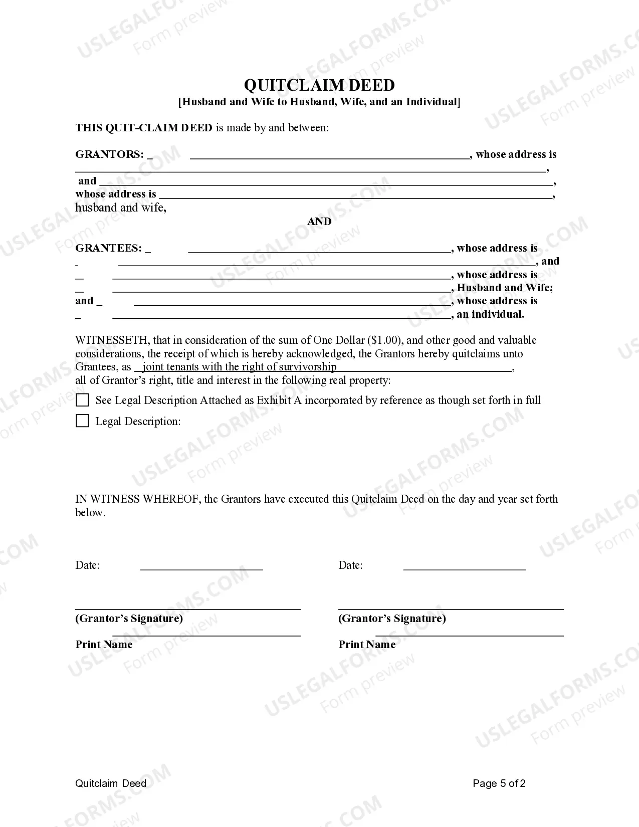 Preview Quitclaim Deed from Husband and Wife, or Two Individuals, to Husband, Wife and an Individual