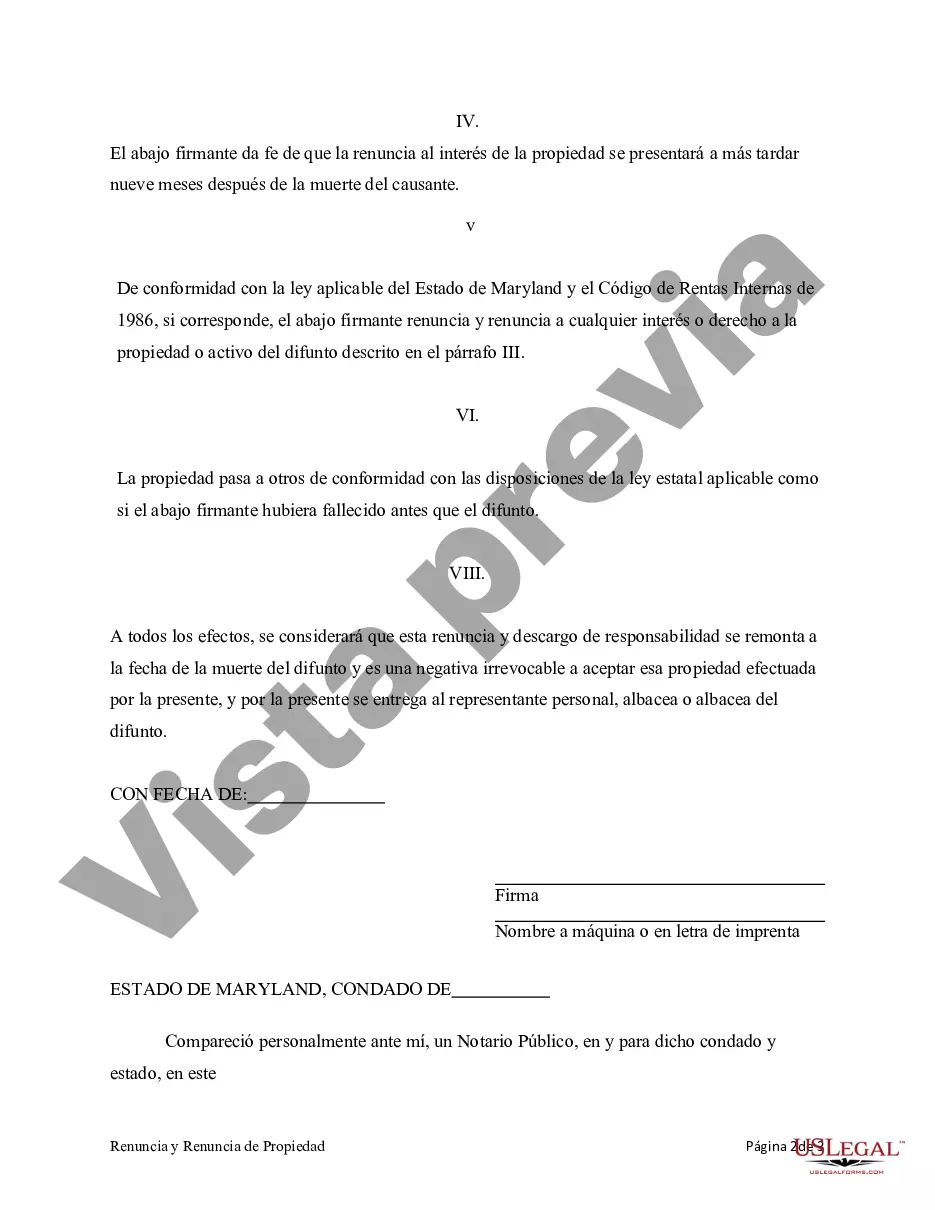 Preview Renuncia y renuncia de propiedad de Maryland - Instrumento o contrato no testamentario