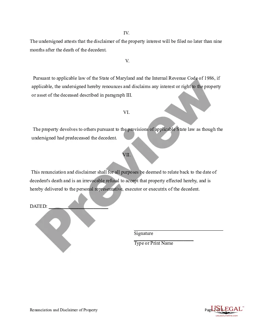 Preview Maryland Renunciation and Disclaimer of Property - Nontestamentary Instrument or Contract
