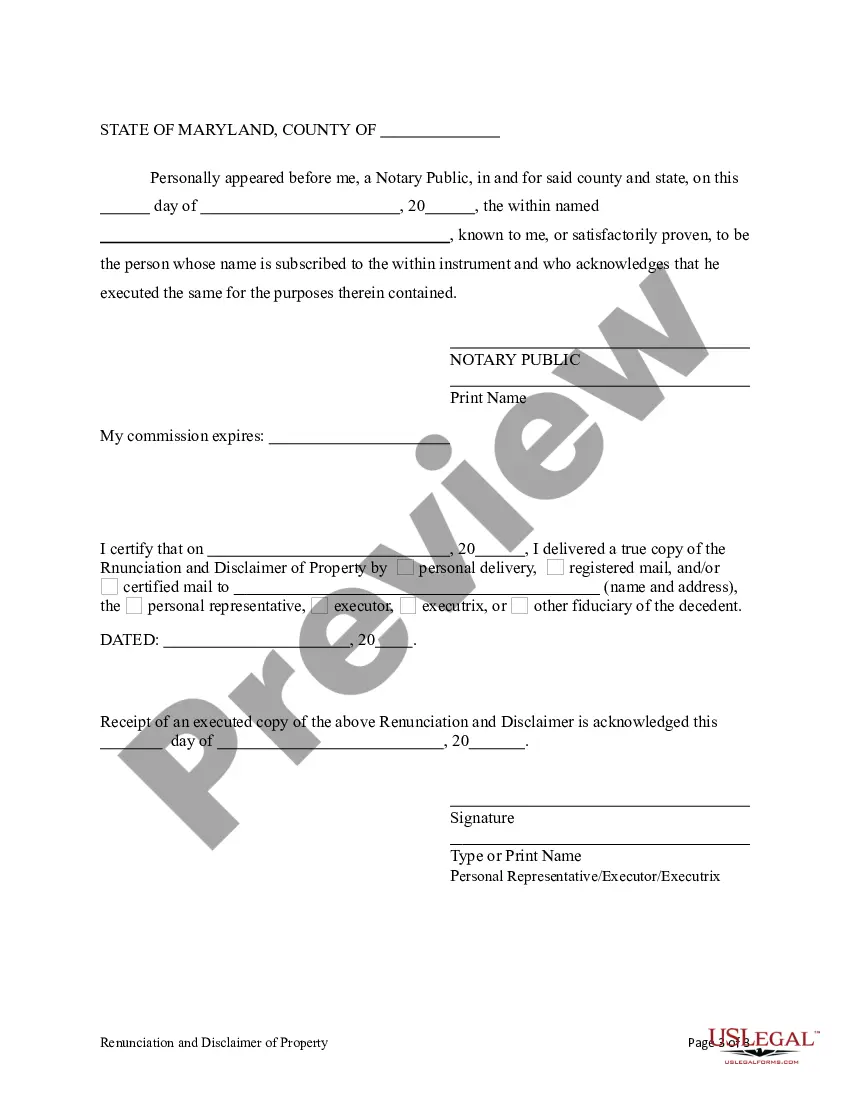 Preview Maryland Renunciation and Disclaimer of Property - Nontestamentary Instrument or Contract