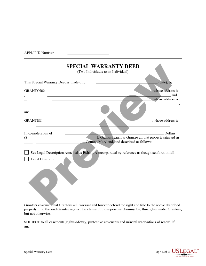 Maryland Special Warranty Deed Special Warranty Deed Maryland US