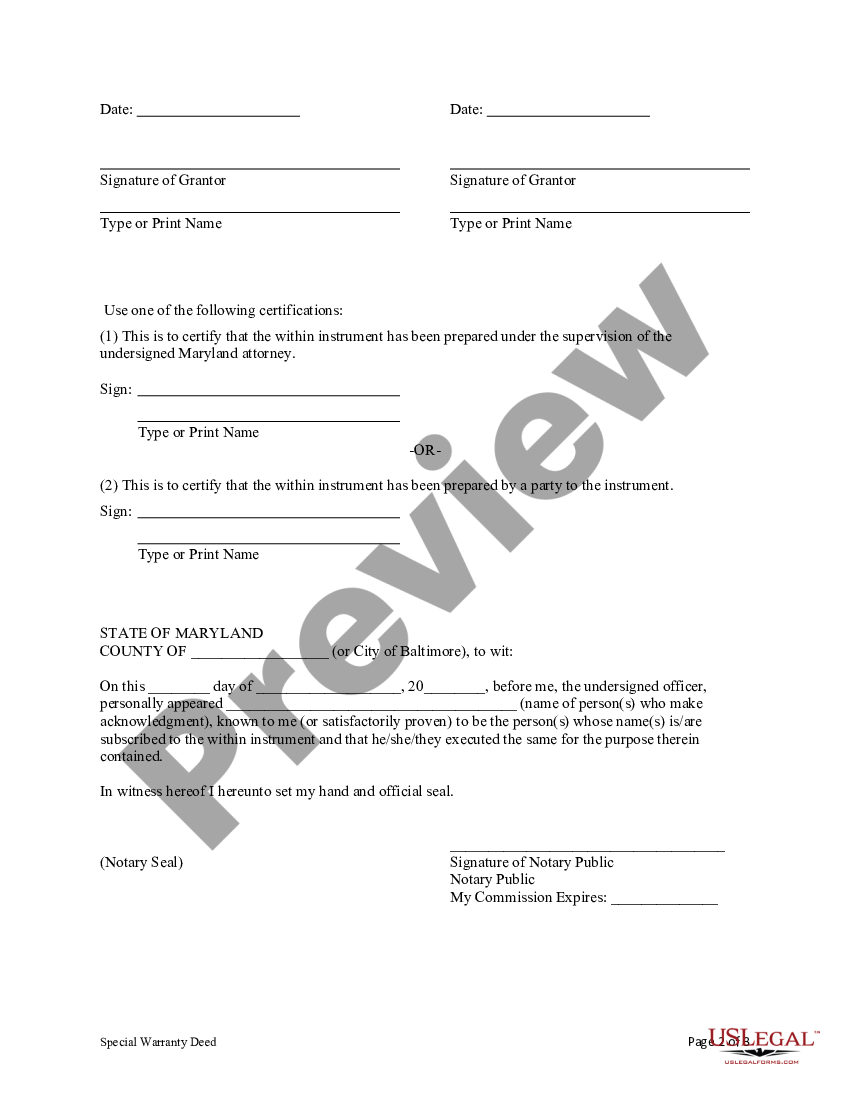 Maryland Special Warranty Deed - Special Warranty Deed Maryland | US ...