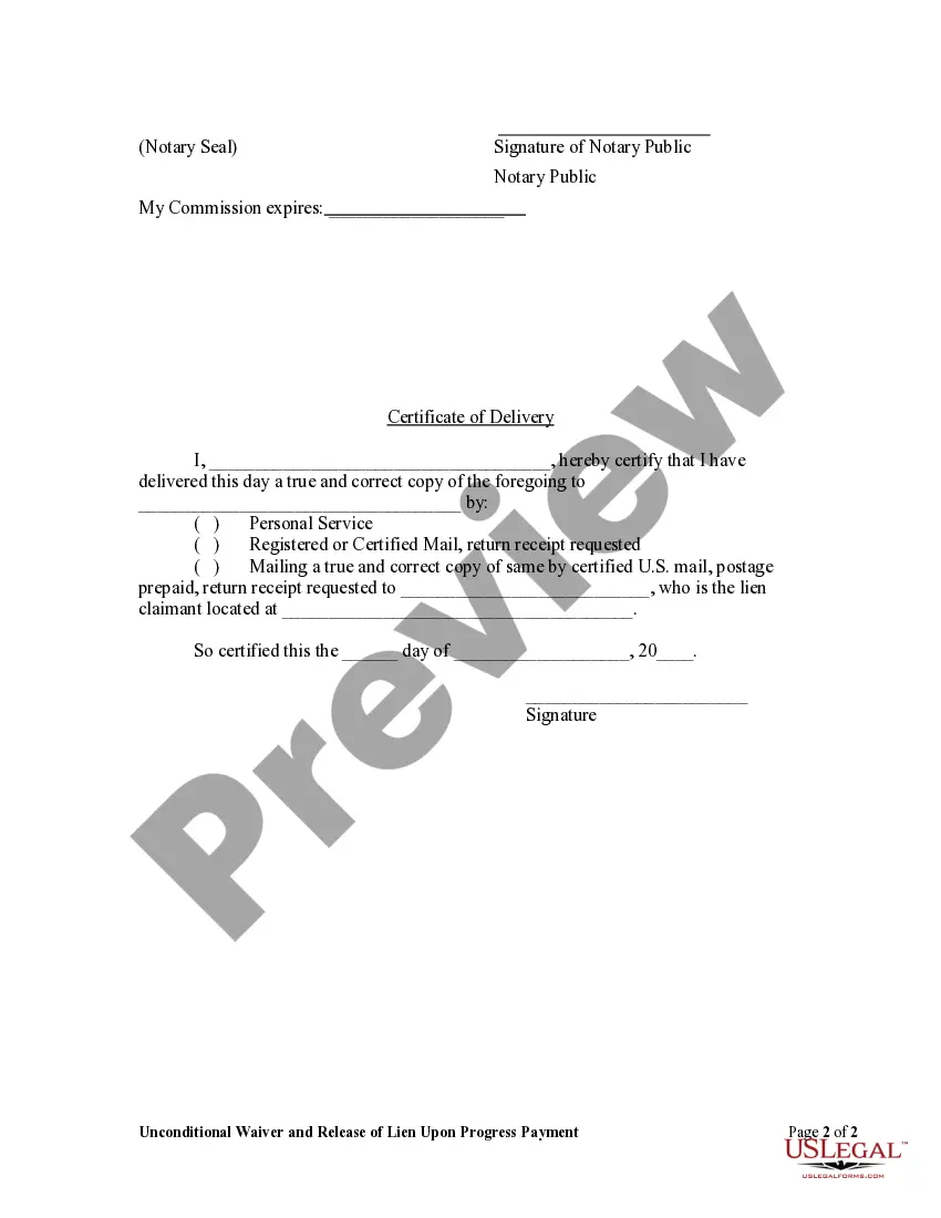 Preview Unconditional Waiver and Release Upon Progress Payment - Corporation or LLC