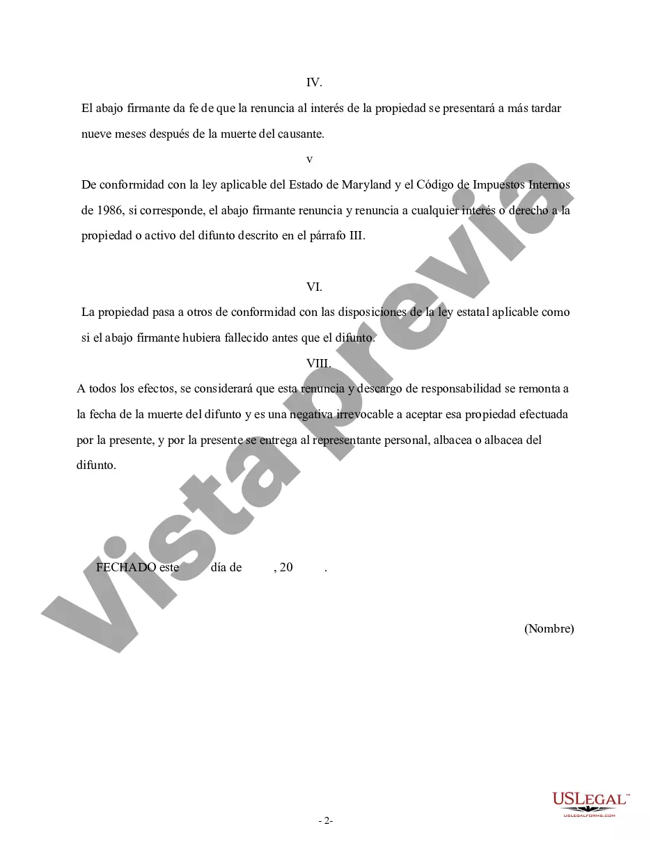 Preview Renuncia y renuncia de propiedad de Maryland recibida por sucesión intestada