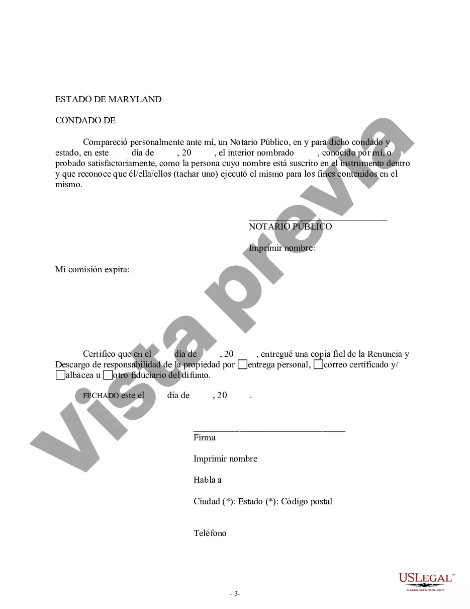 Preview Renuncia y renuncia de propiedad de Maryland recibida por sucesión intestada