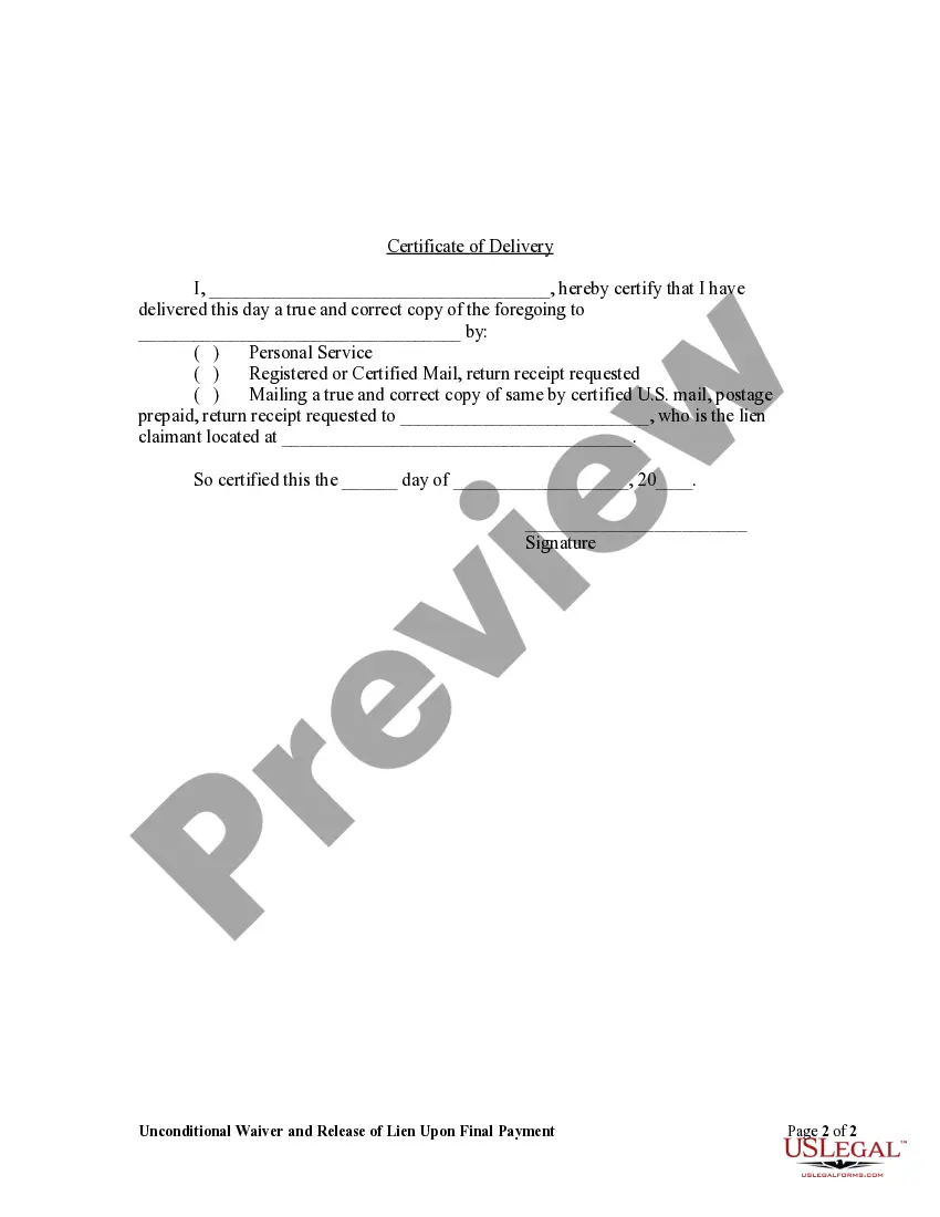 Preview Unconditional Waiver and Release Upon Final Payment - Corporation