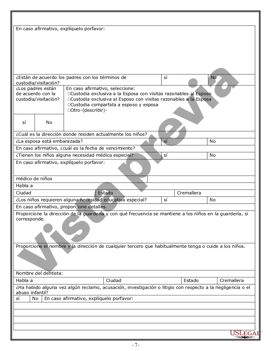Preview Hoja de trabajo de divorcio y resumen de la ley para casos disputados o no disputados de más de 25 páginas - Formulario de entrevista de cliente ideal