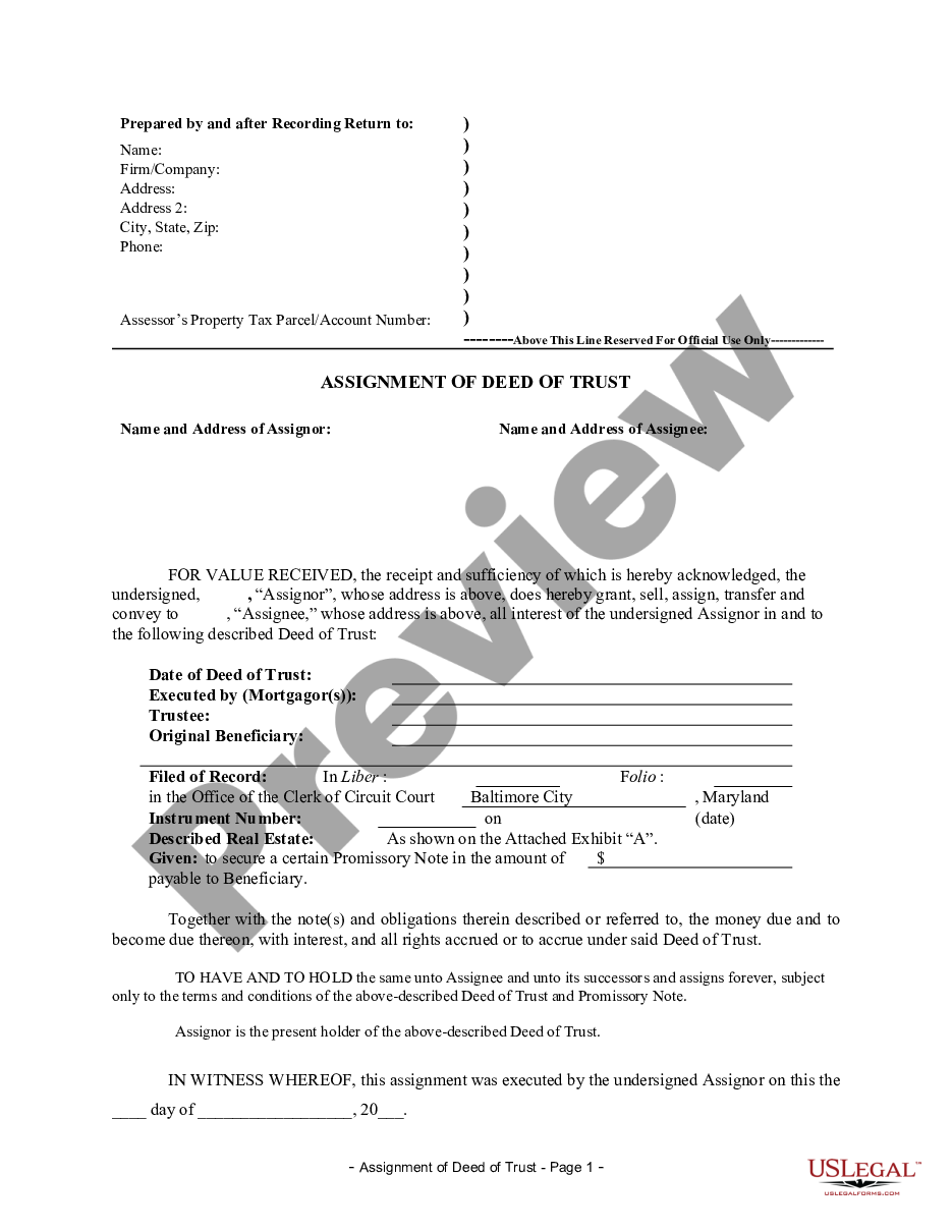 Maryland Assignment of Deed of Trust by Individual Mortgage Holder -  Mortgage Holder | US Legal Forms