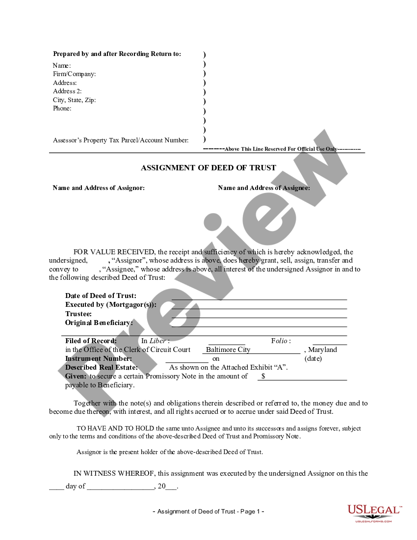 Maryland Assignment of Deed of Trust by Individual Mortgage Holder -  Mortgage Holder | US Legal Forms