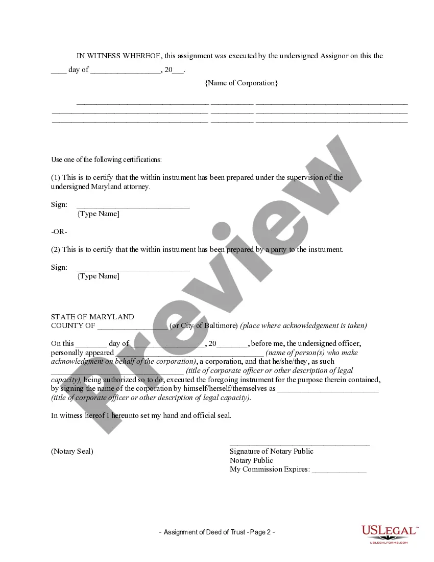 Preview Assignment of Deed of Trust by Corporate Mortgage Holder - Baltimore City
