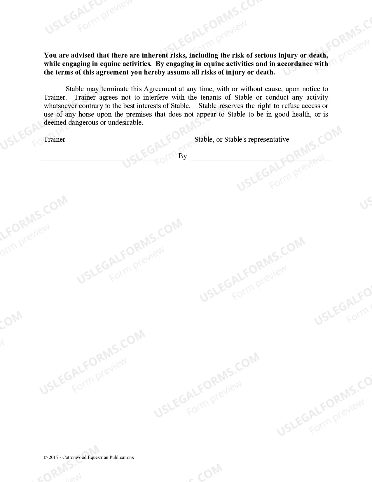 Preview Trainer's Facility Use Agreement - Horse Equine Forms