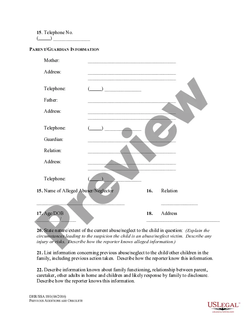 Preview Reporting Form and Waiver to Report Child Abuse in the State of Maryland