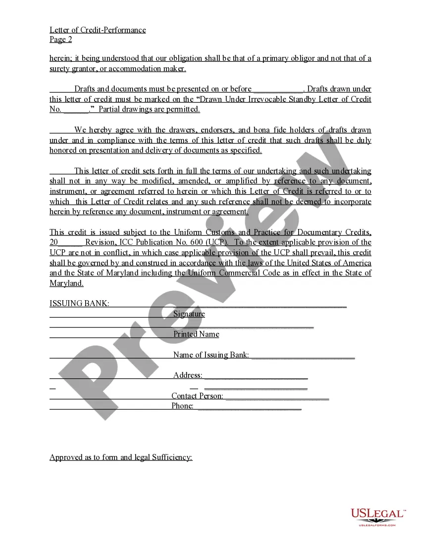 Preview Letter of Credit - Performance of Public Works Agreements