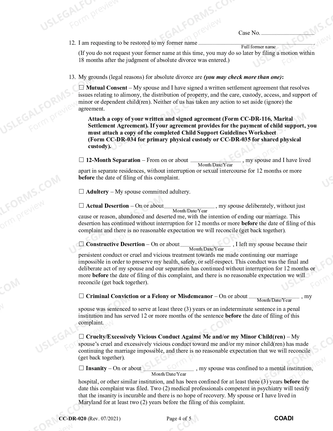 Preview Complaint for Absolute Divorce for People with No Children
