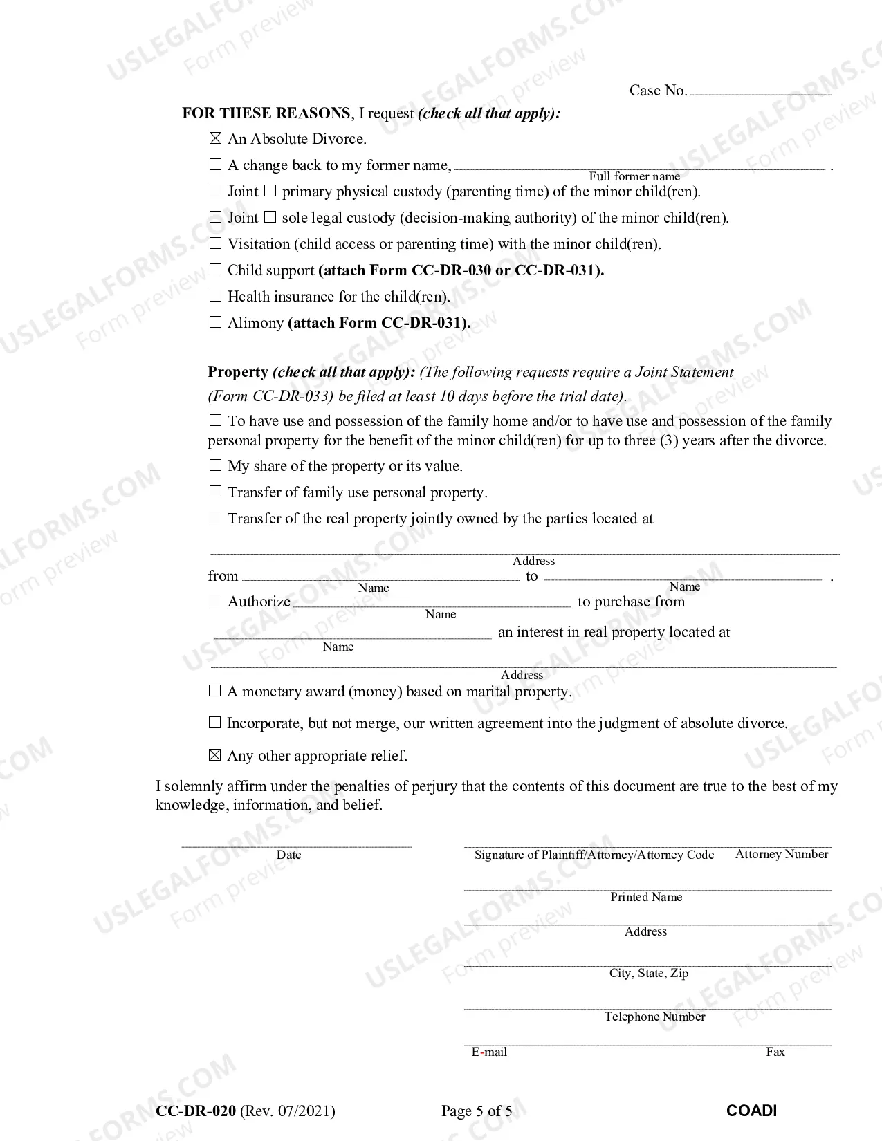 Preview Complaint for Absolute Divorce for People with No Children